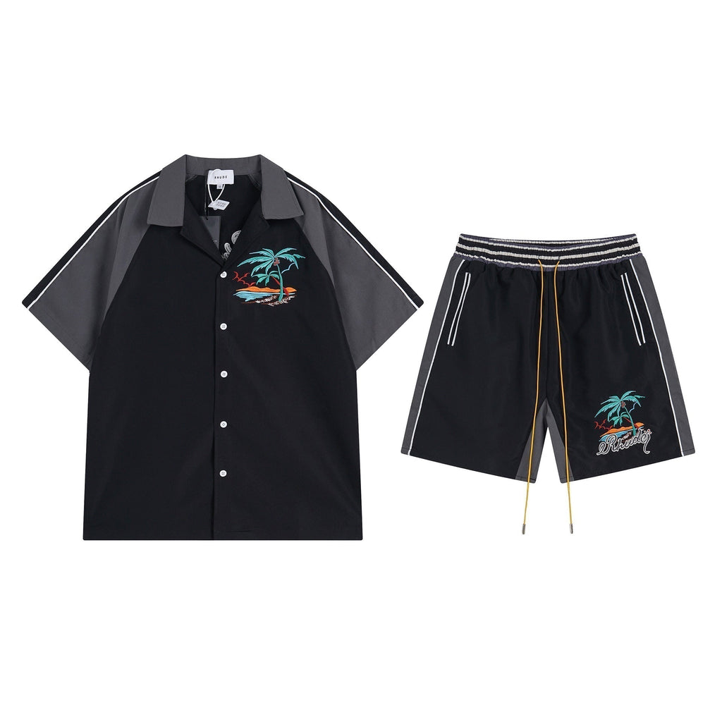 Rhude T-shirt Coconut Alphabet Beach Embroidery Short Sleeve Shirt Shorts