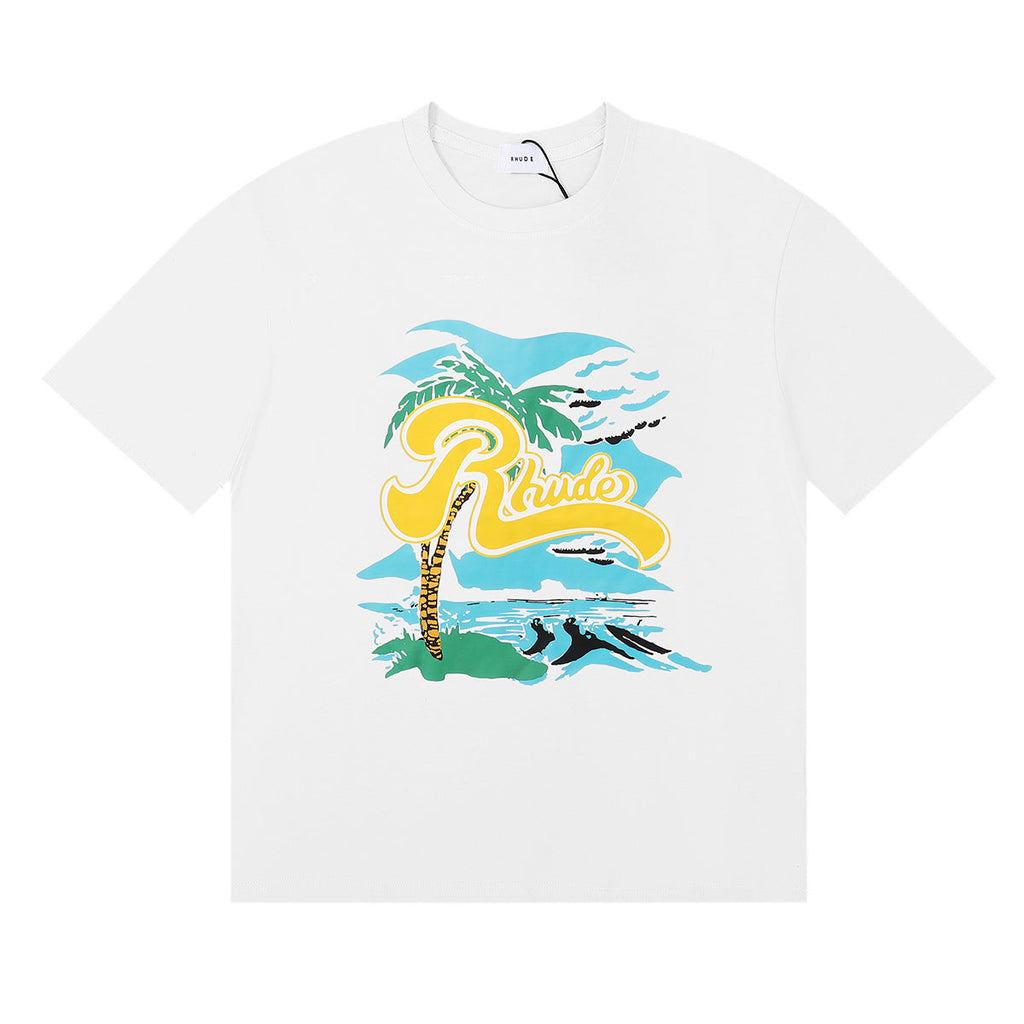 Rhude T-shirt Alphabet Coconut Racing Pattern Short Sleeve T-shirt