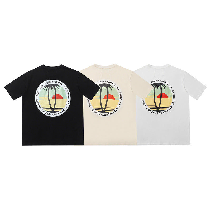 Rhude T-shirt Sunset Coconut Alphabet Print Short Sleeve T-shirt